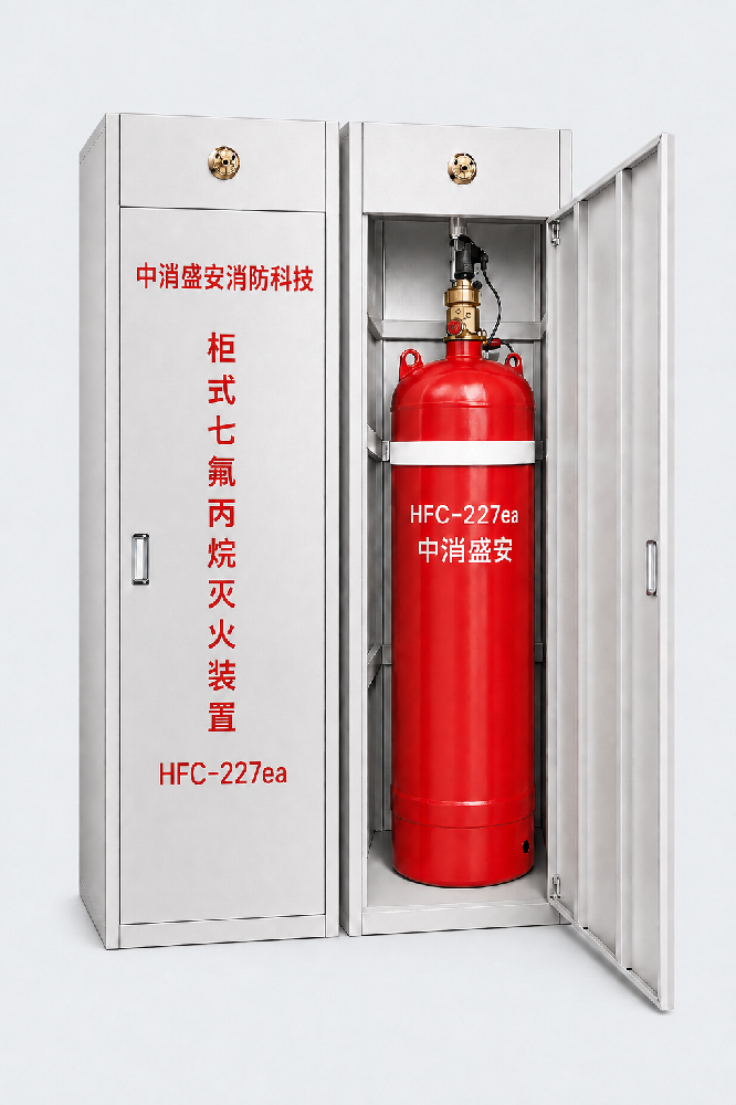 中消盛安柜式七氟丙烷灭火装置，红色钢瓶白字 HFC-227ea、中消盛安